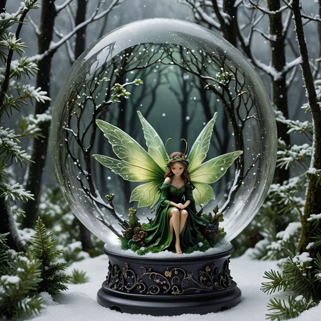 Green Fairy in Snow Globe, Enchanted Forest