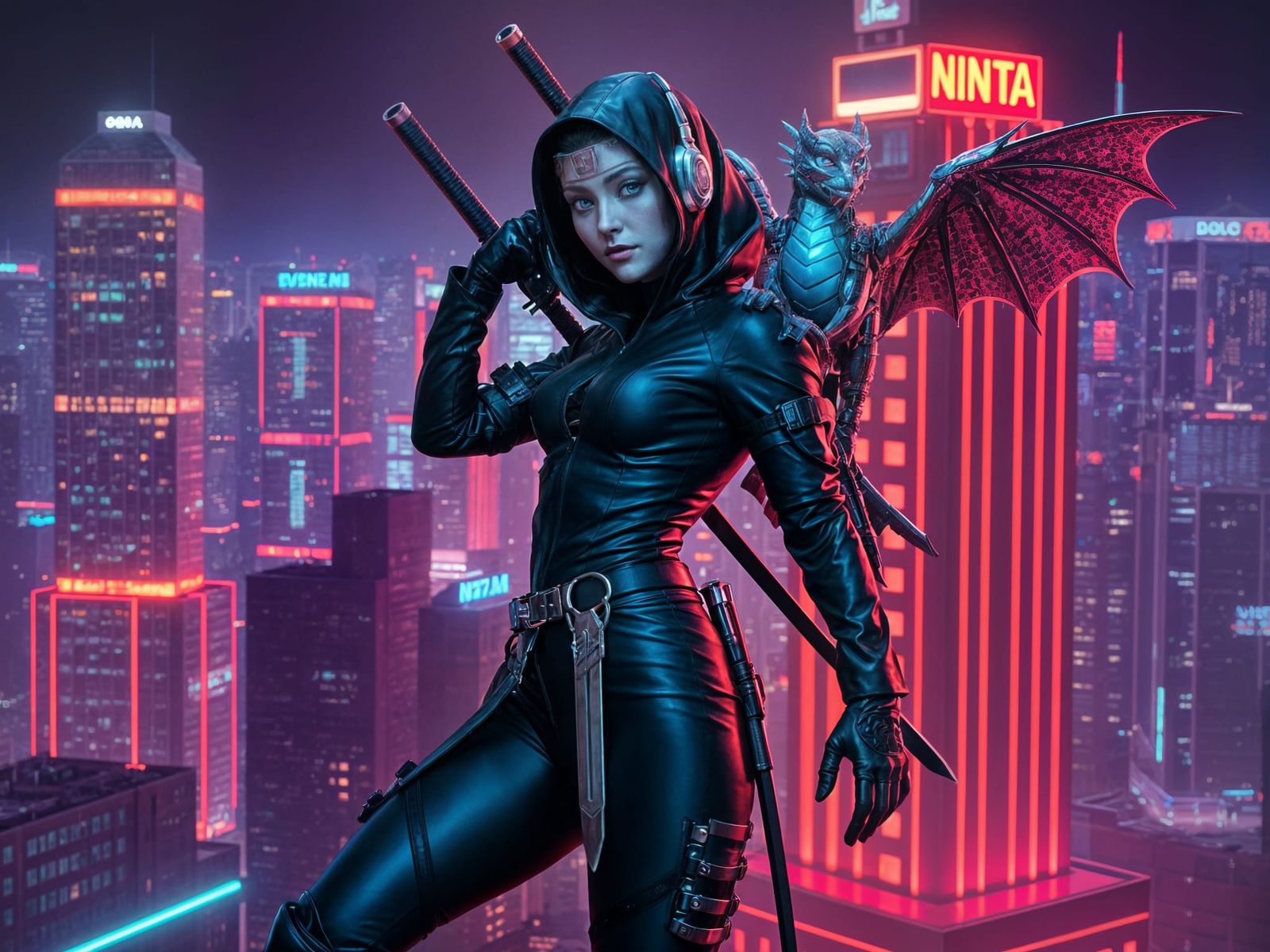 Cyberpunk Ninja with Robotic Dragon in Futuristic City
