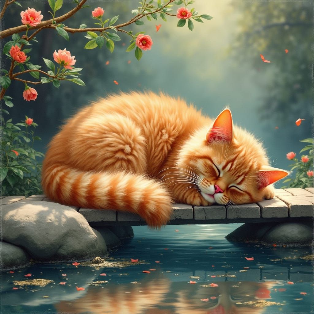Fluffy Red Persian Cat Sleeps by Pond in R. Lung Style
