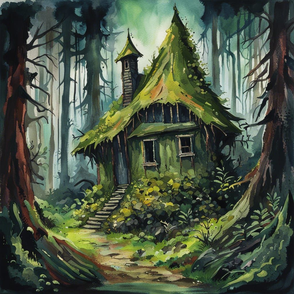 Gothic Horror Forest Hut in Gouache and Watercolor