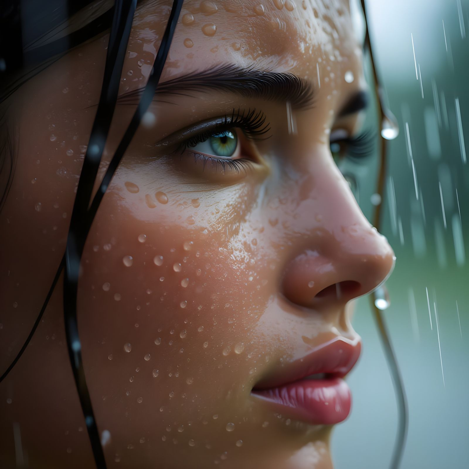Hyperrealistic Portrait of Rain Falling on Face