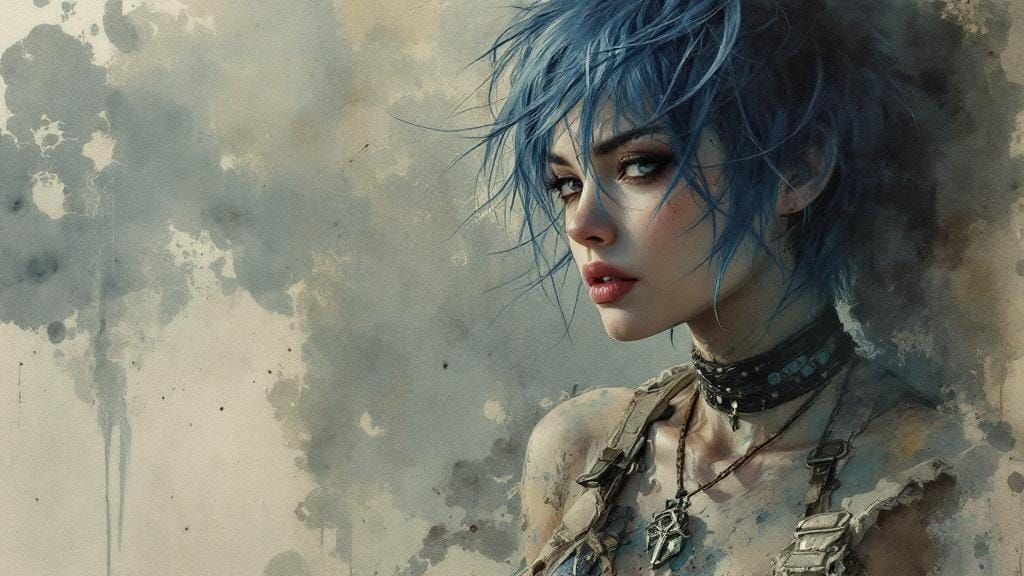Blue-Haired Woman in Atmospheric Watercolor Style