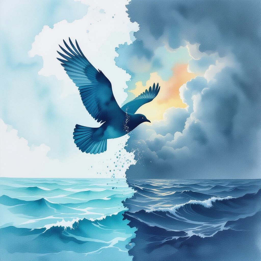 Soaring Bird Silhouette Double-Exposed with Ocean Scenes