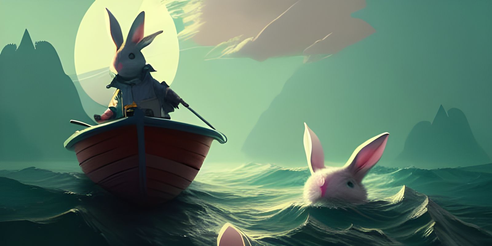 Rabbit on Boat Crossing Stormy Sea, Digital Illustration