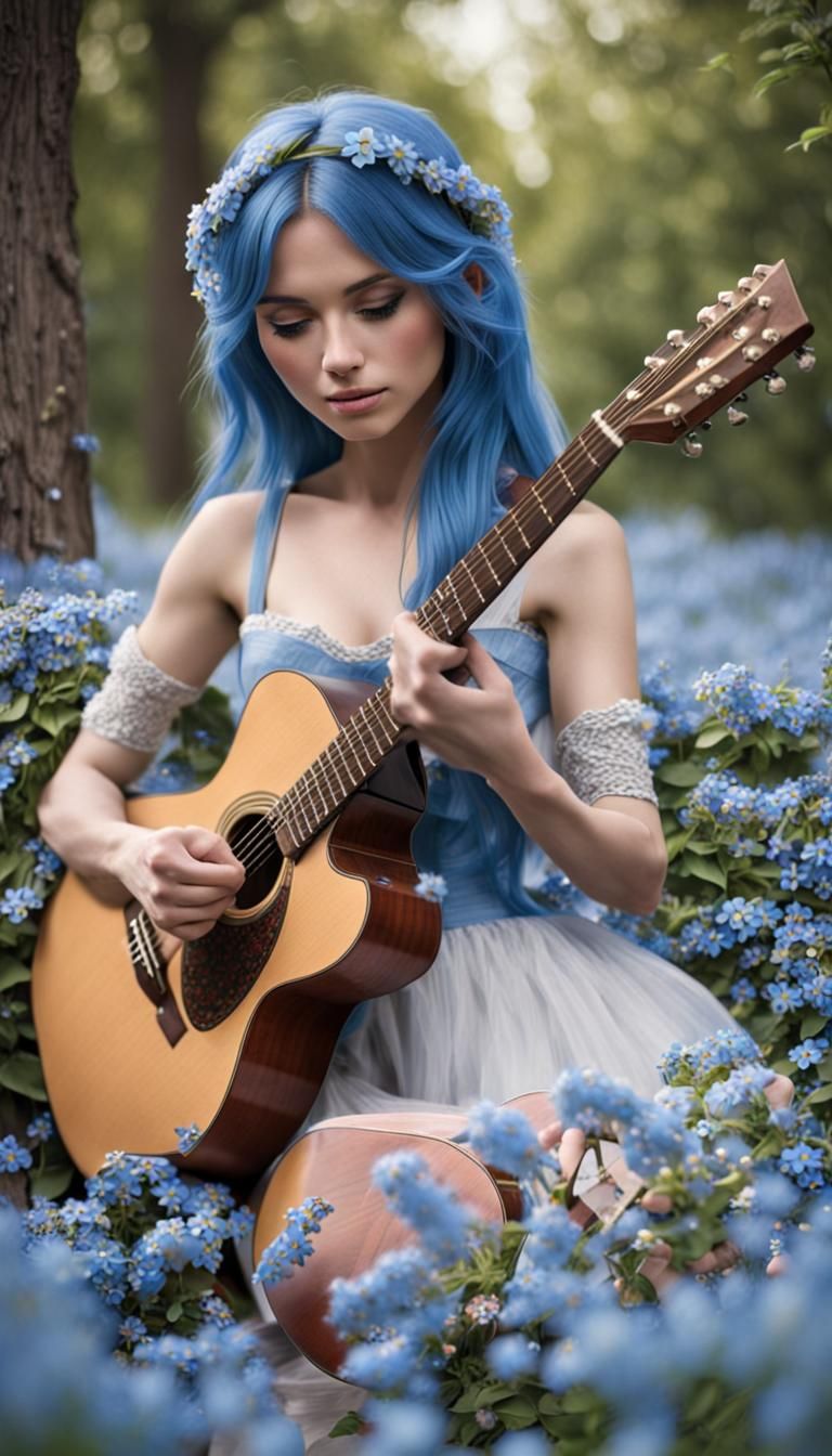 Woman Playing Guitar with Forget-Me-Not Flowers