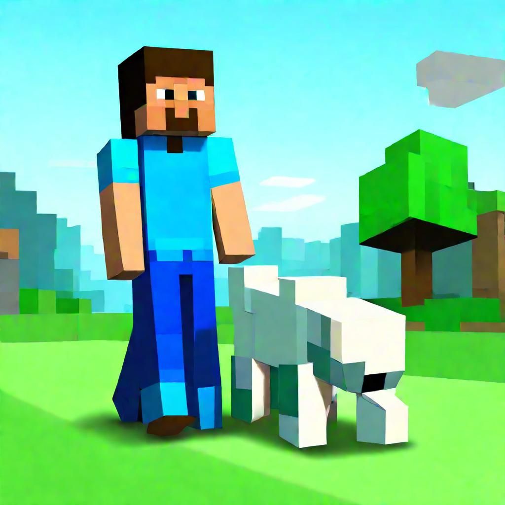 Minecraft Steve walking with his pet dog