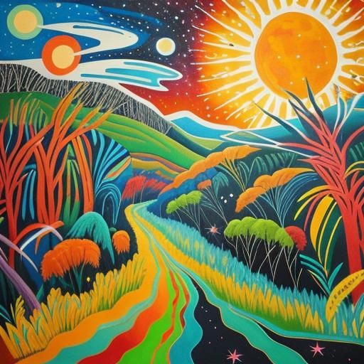 Dreamtime Aboriginal Art in Vibrant Split-Complementary Colo...