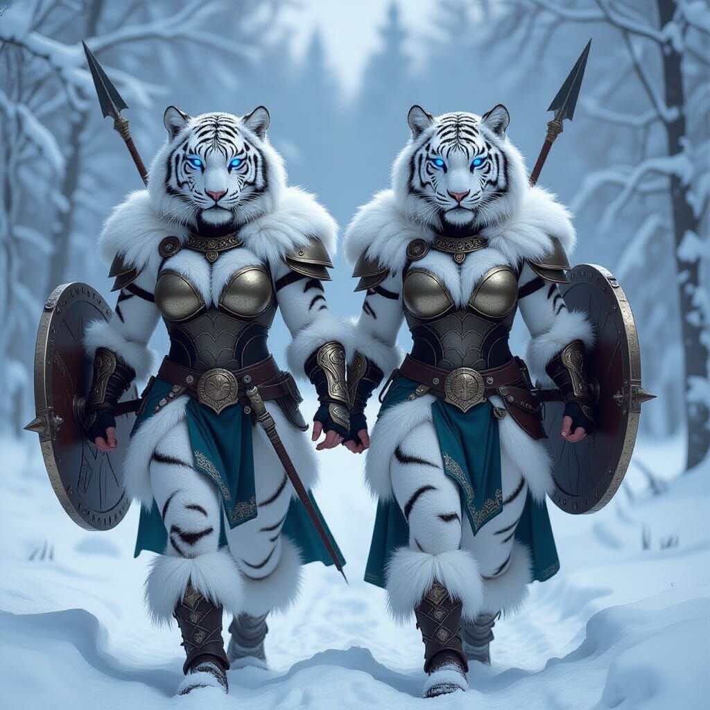 Two Muscular Siberian Tiger Warriors in Spartan Armor