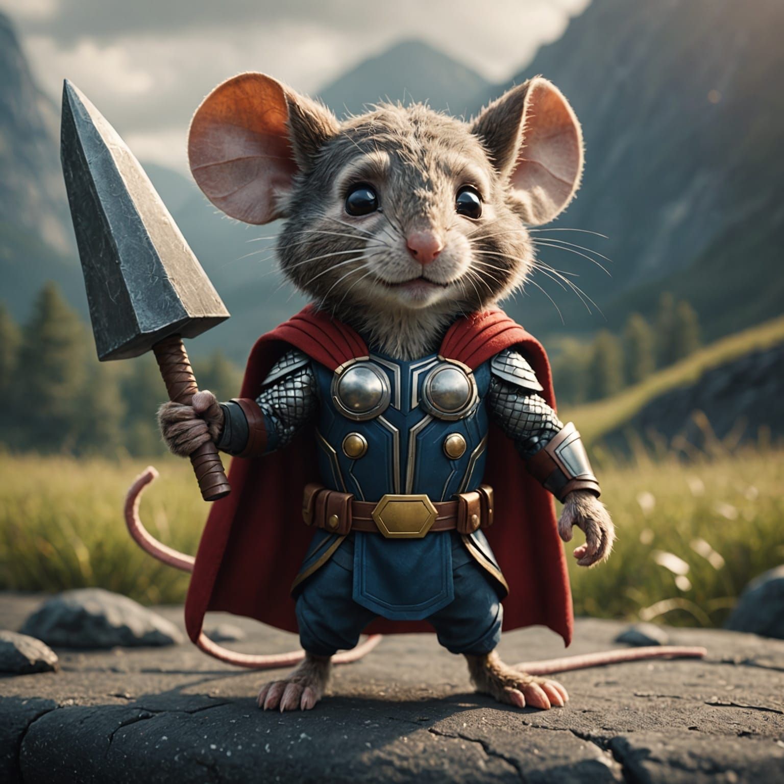 Cartoon Mouse as Thor: Cinematic Film Still