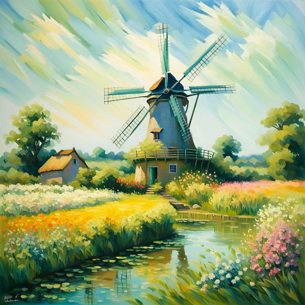 English Windmill in Impressionist Landscape