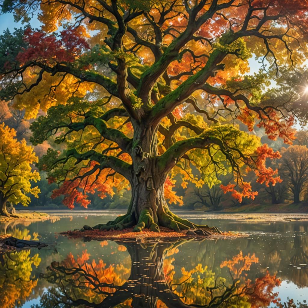 Glowing Autumn Oak Tree Reflected in Lake