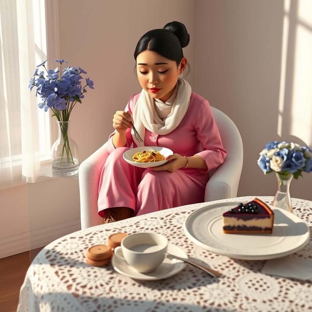 Gentle Woman Savoring Noodles in a Cozy Café