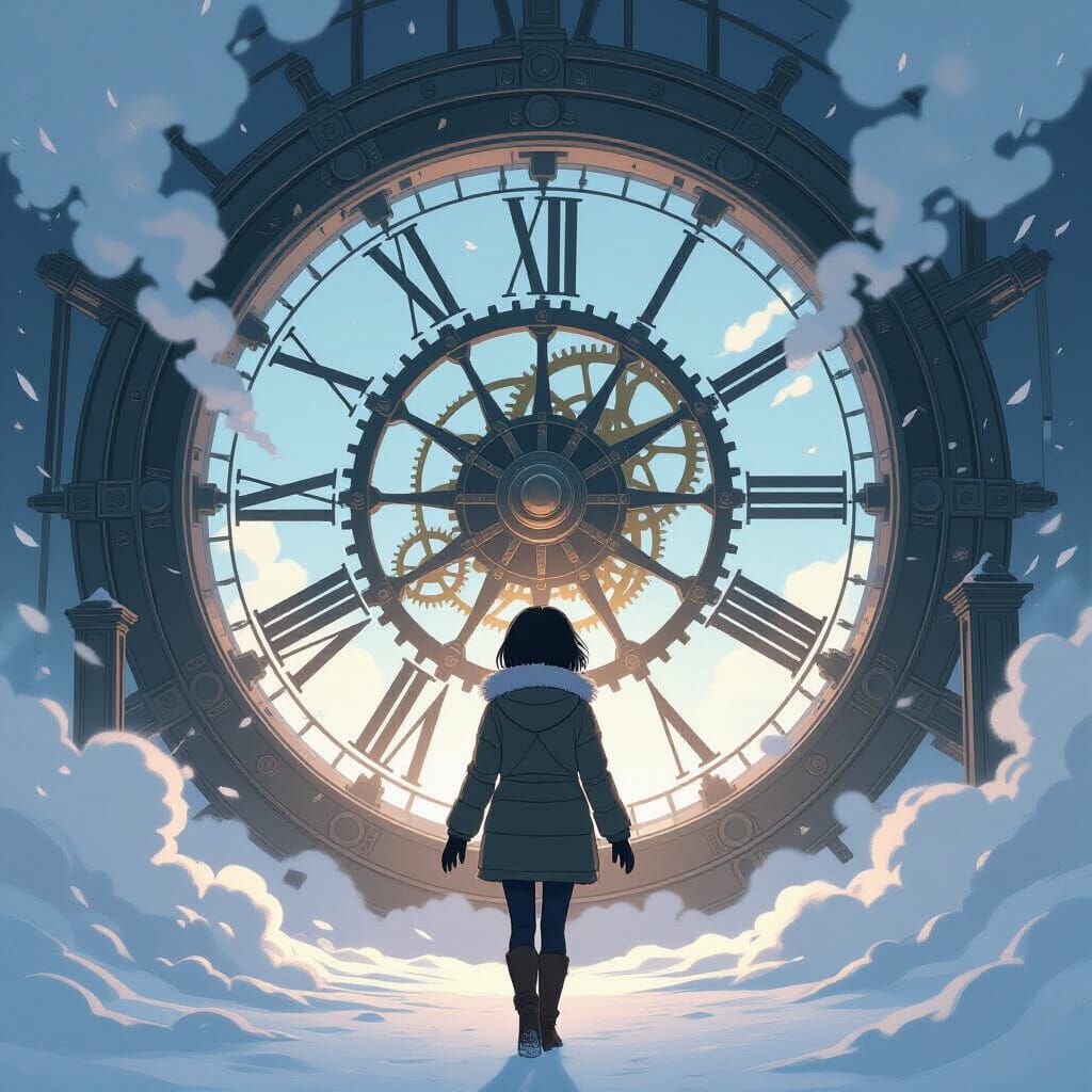 Anime Woman Steps Through Clockwork Portal