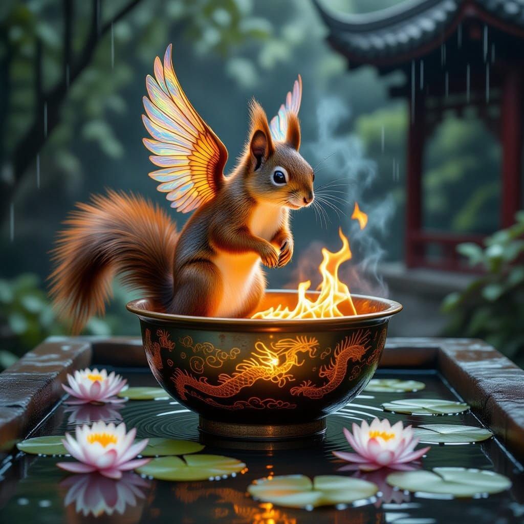 Risen Phoenix Squirrel in Dark Indochine Lacquer Style