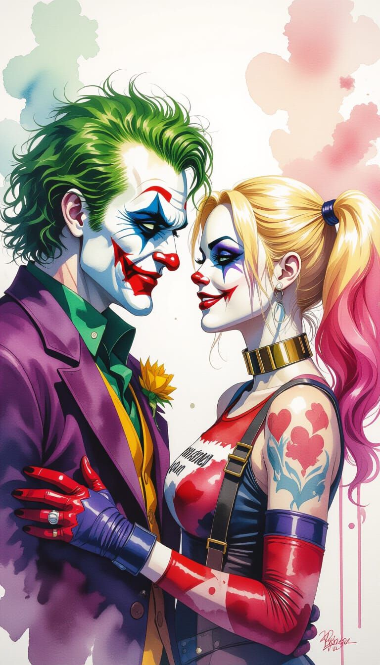 Joker and Harley Quinn: Watercolor Dark Fantasy Art