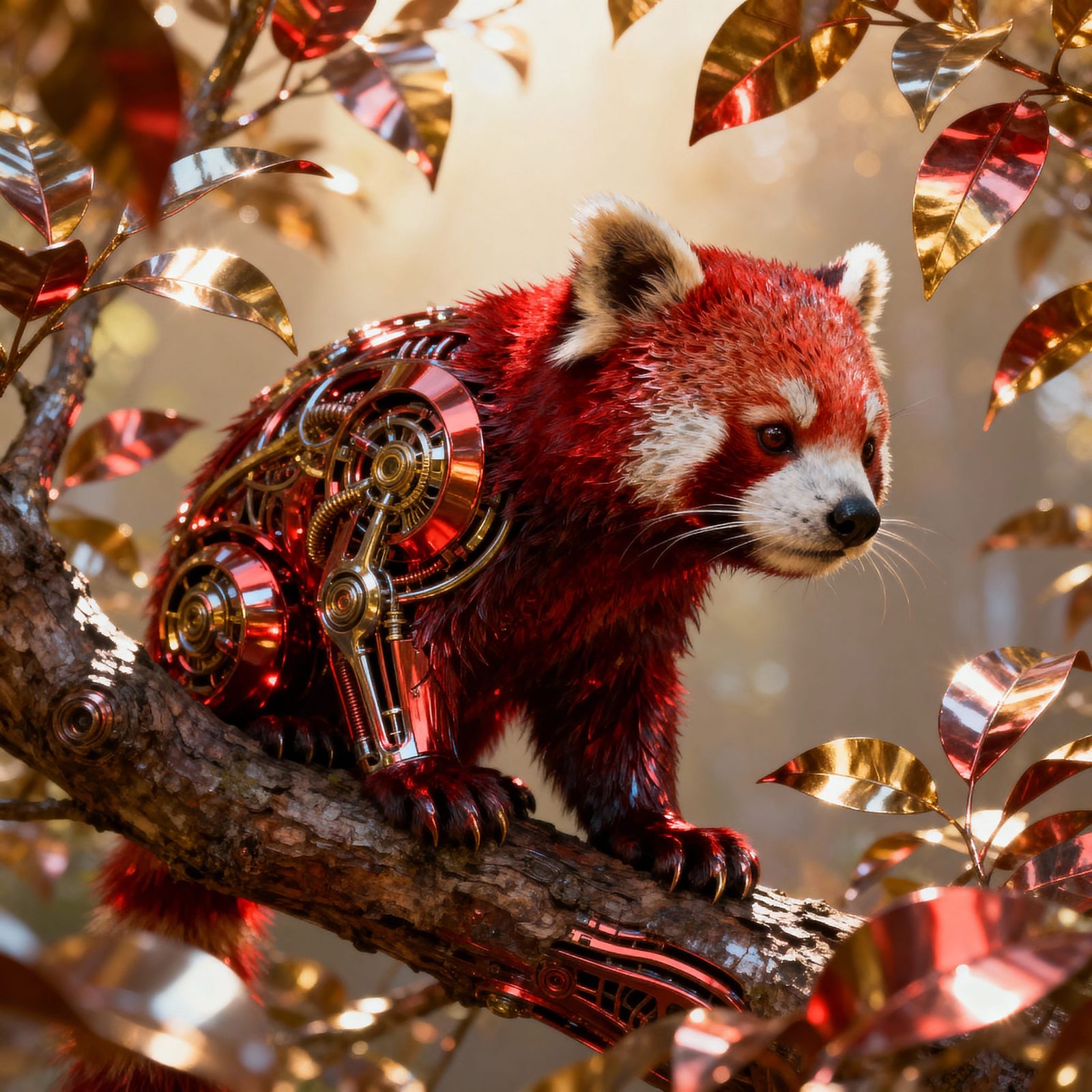 Red Panda in Metallic Colors on Tree Branch