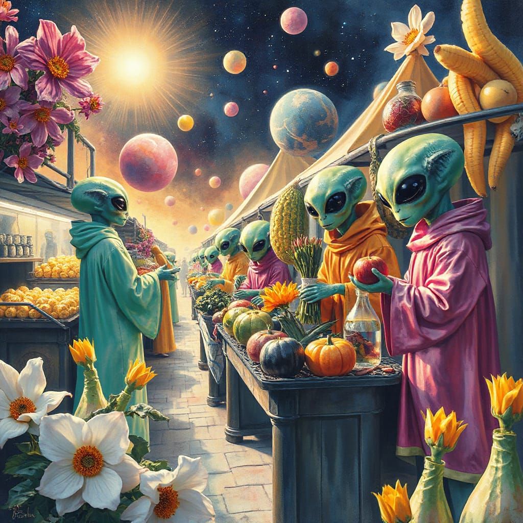 Bioluminescent Alien Market in Impressionistic Style