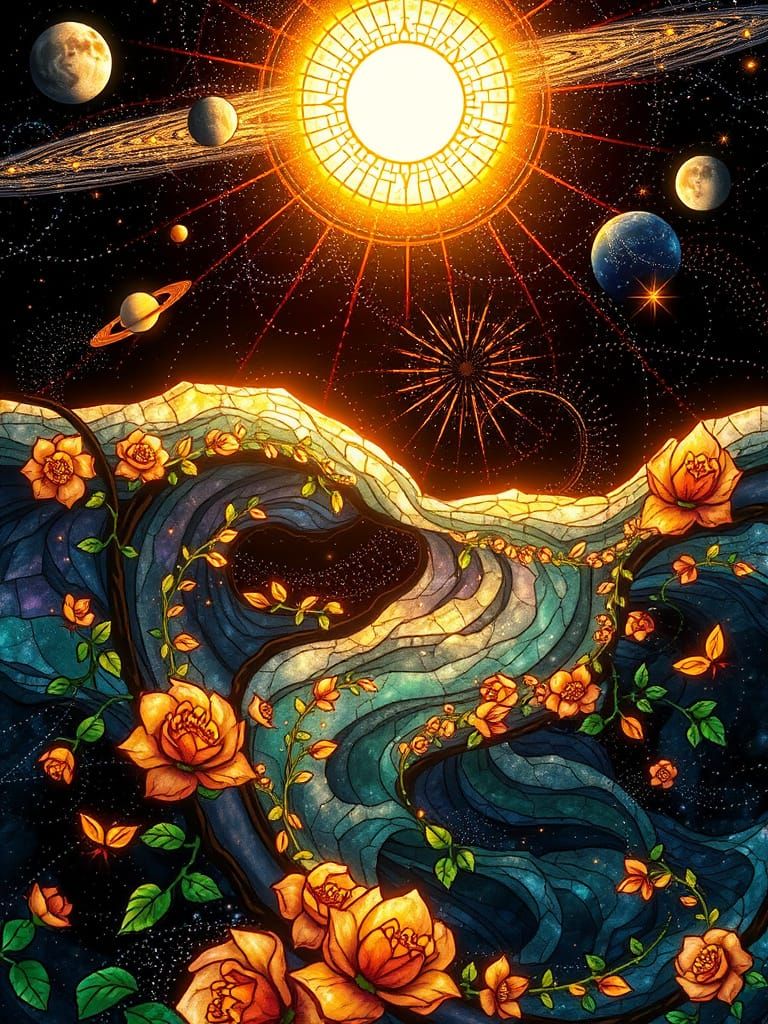 Stained Glass Universe in Art Nouveau Style