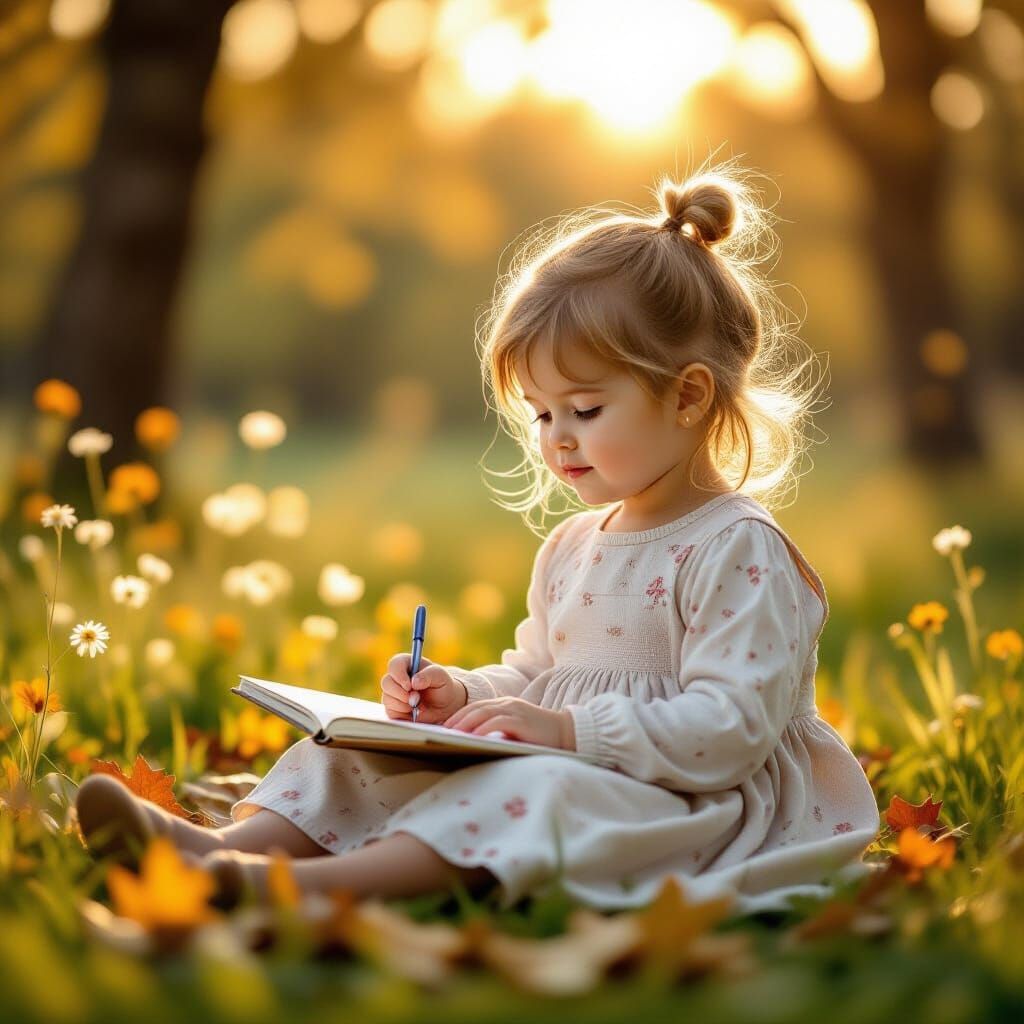 Young Girl Learns in Nature, Golden Hour