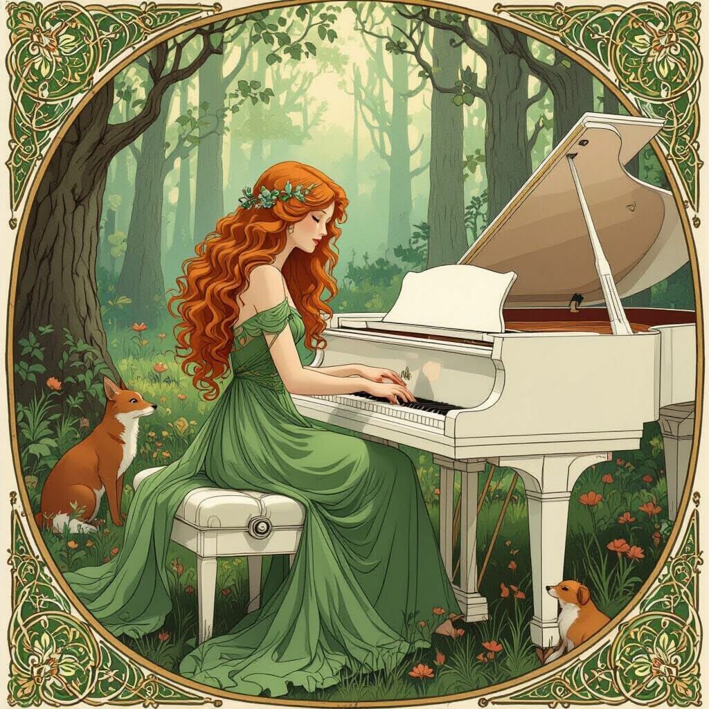 Girl Plays Piano in Forest, Art Nouveau Style