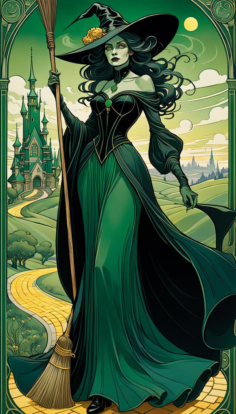 Glamorous Green Witch on Yellow Brick Road in Art Nouveau