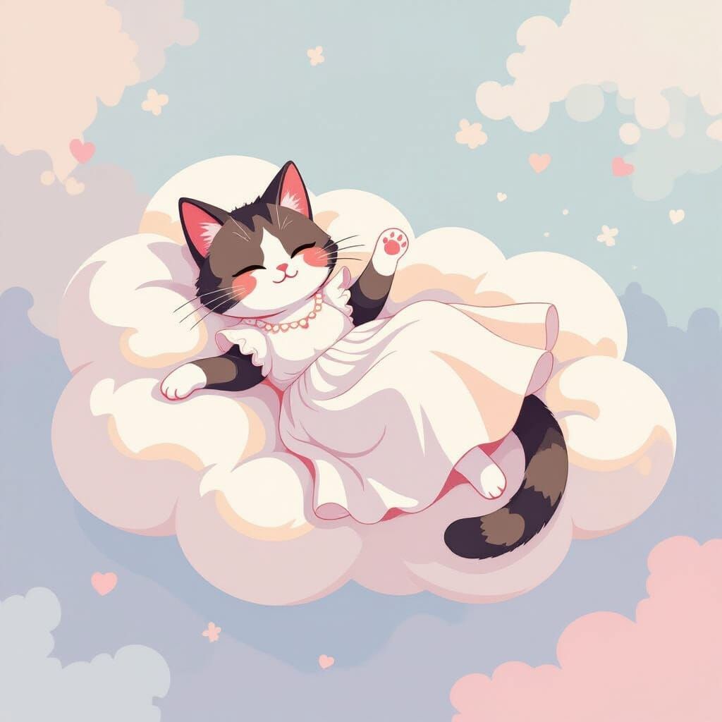 Whimsical Cat Lounging on Cloud in Pastel Colors