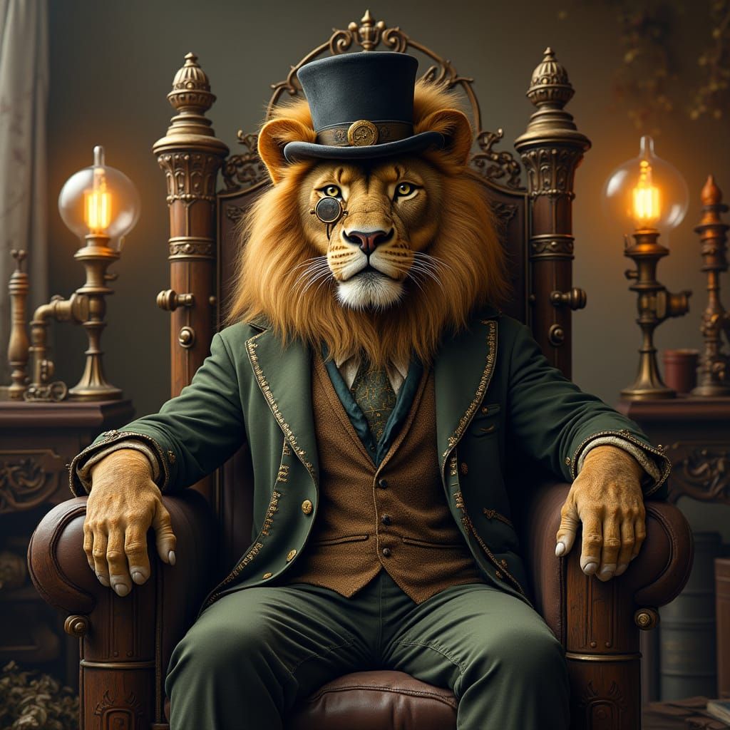Steampunk Lion on Gear Throne in Victorian Study