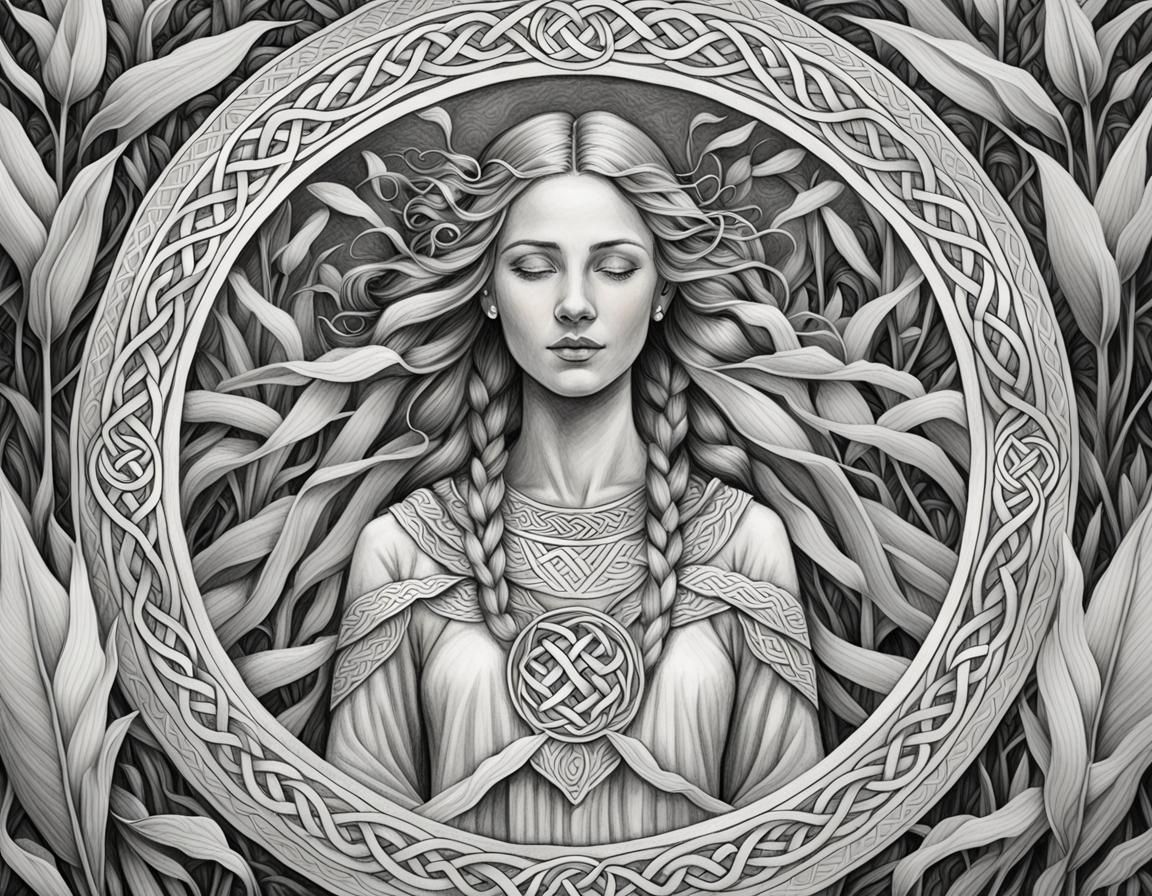 Brigid, Celtic Goddess in Grayscale Pencil Sketch