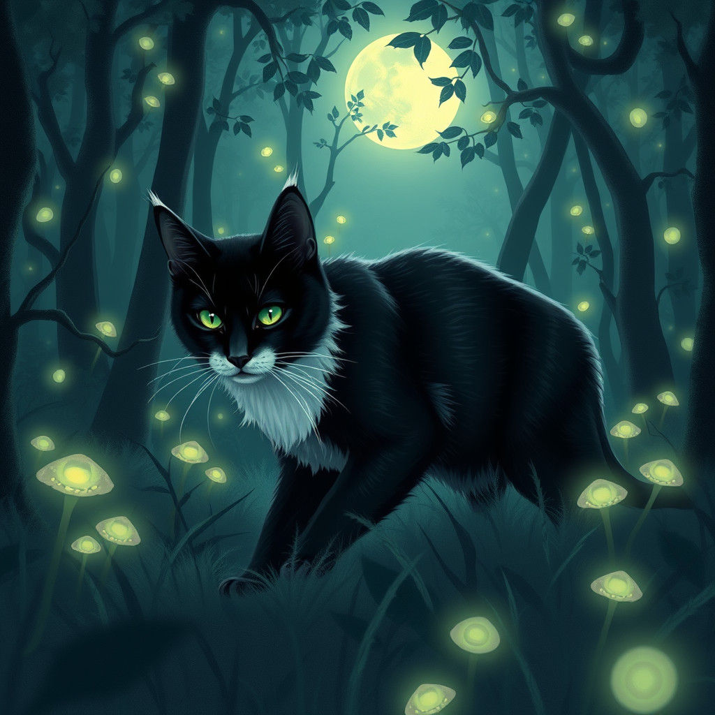 Black Cat Prowls in Bioluminescent Forest