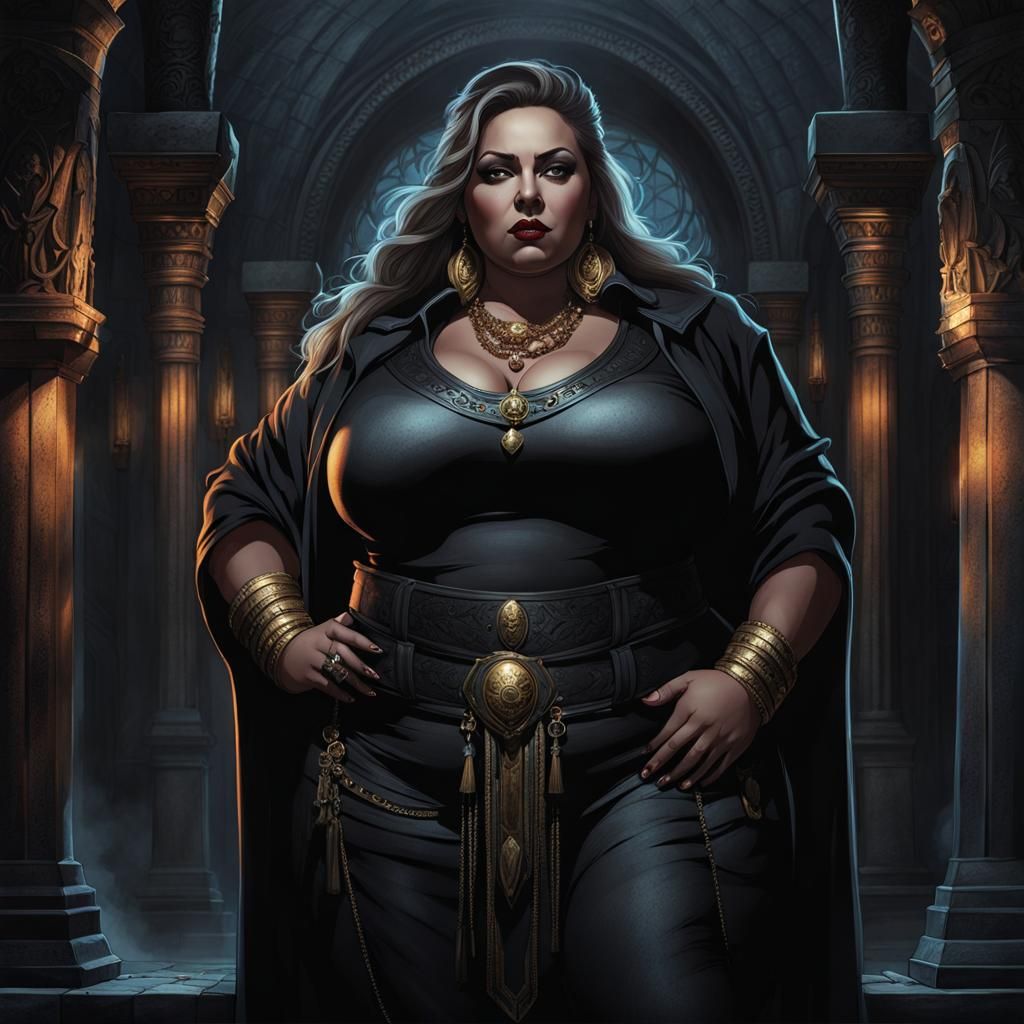BBW Lady in Dark Temple, Fantasy Illustration