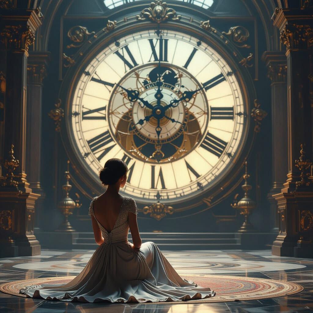 Woman Contemplates Time in Matte Painting Style