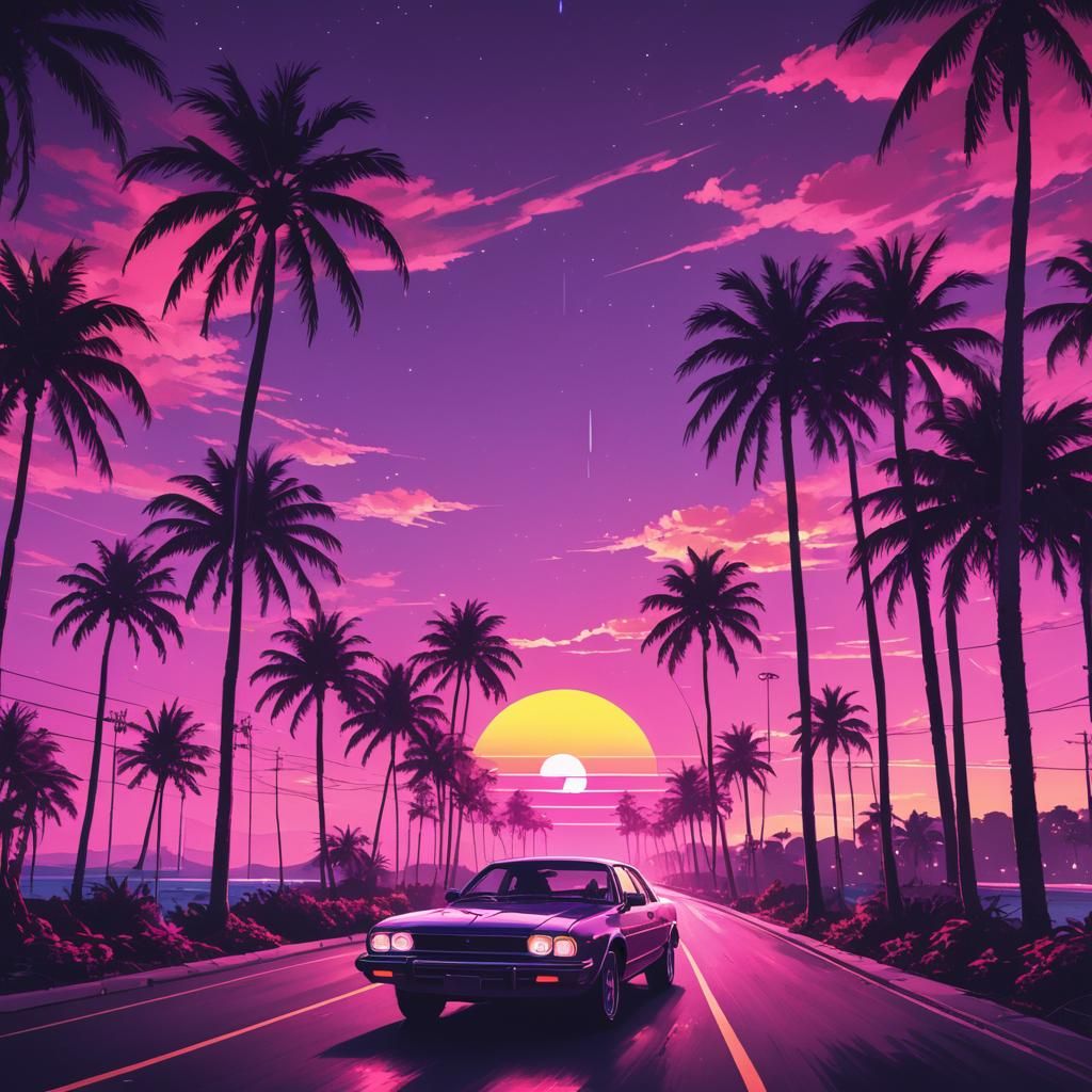 Synthwave Car on Tropical Palm Beach Road