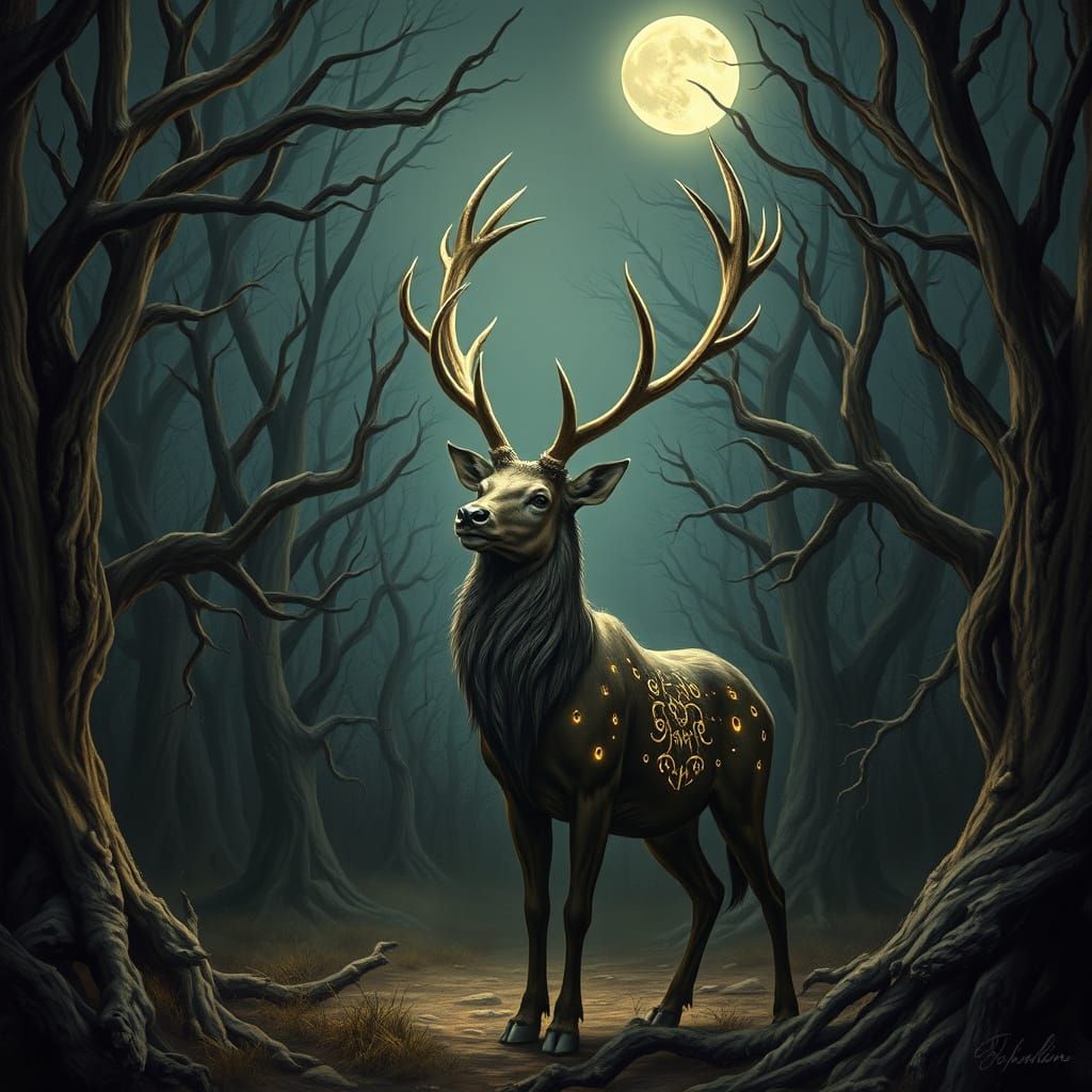 Moonlit Stag with Glowing Antlers and Runes