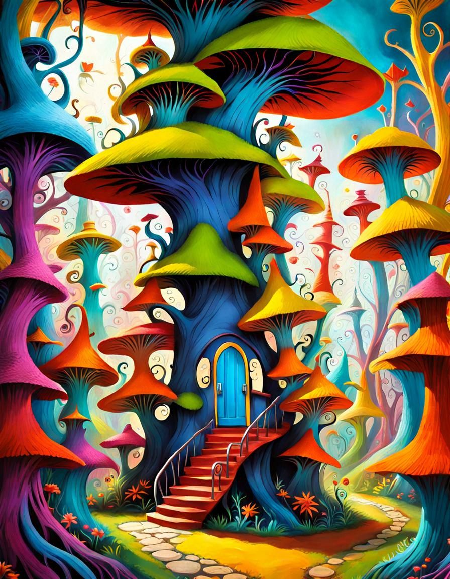 Colorful Surreal Lorax Treehouse in Dr. Seuss Style