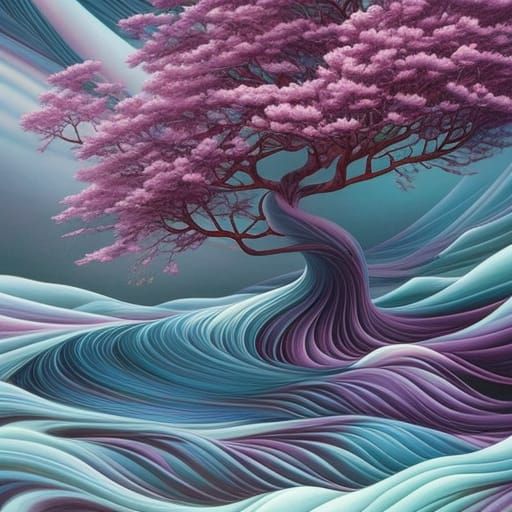 Blooming Cherry Tree in Sweeping Seascapes Style