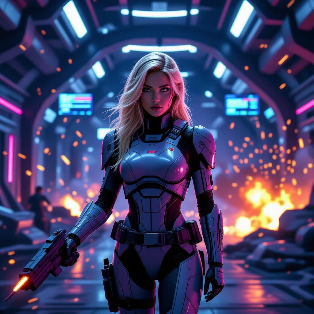 Futuristic Purple Woman in Cyberpunk Firefight