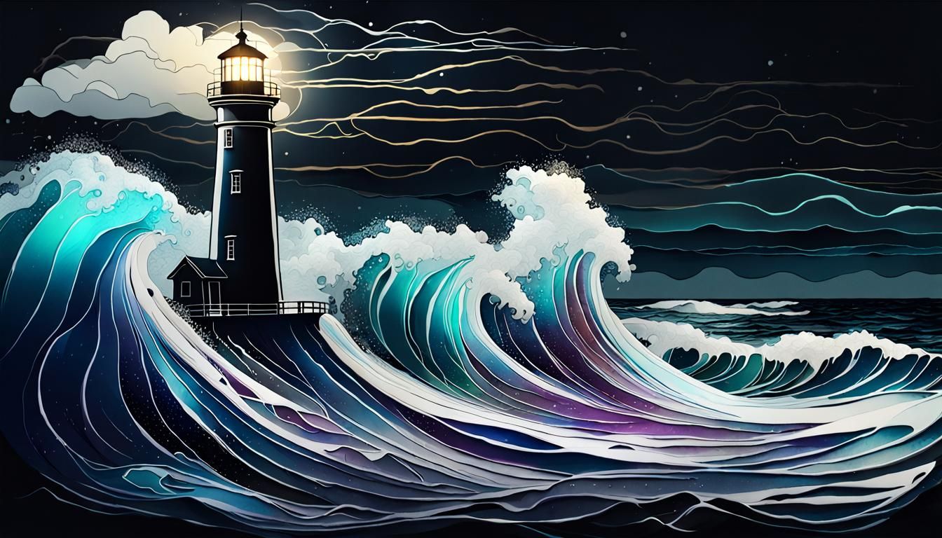Majestic Lighthouse Against Big Waves in Alcohol Ink Art