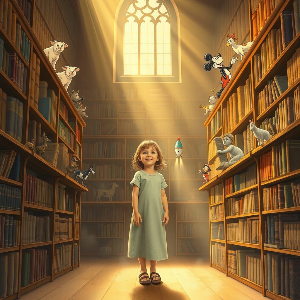 Whimsical Library Scene in Beatrix Potter Style