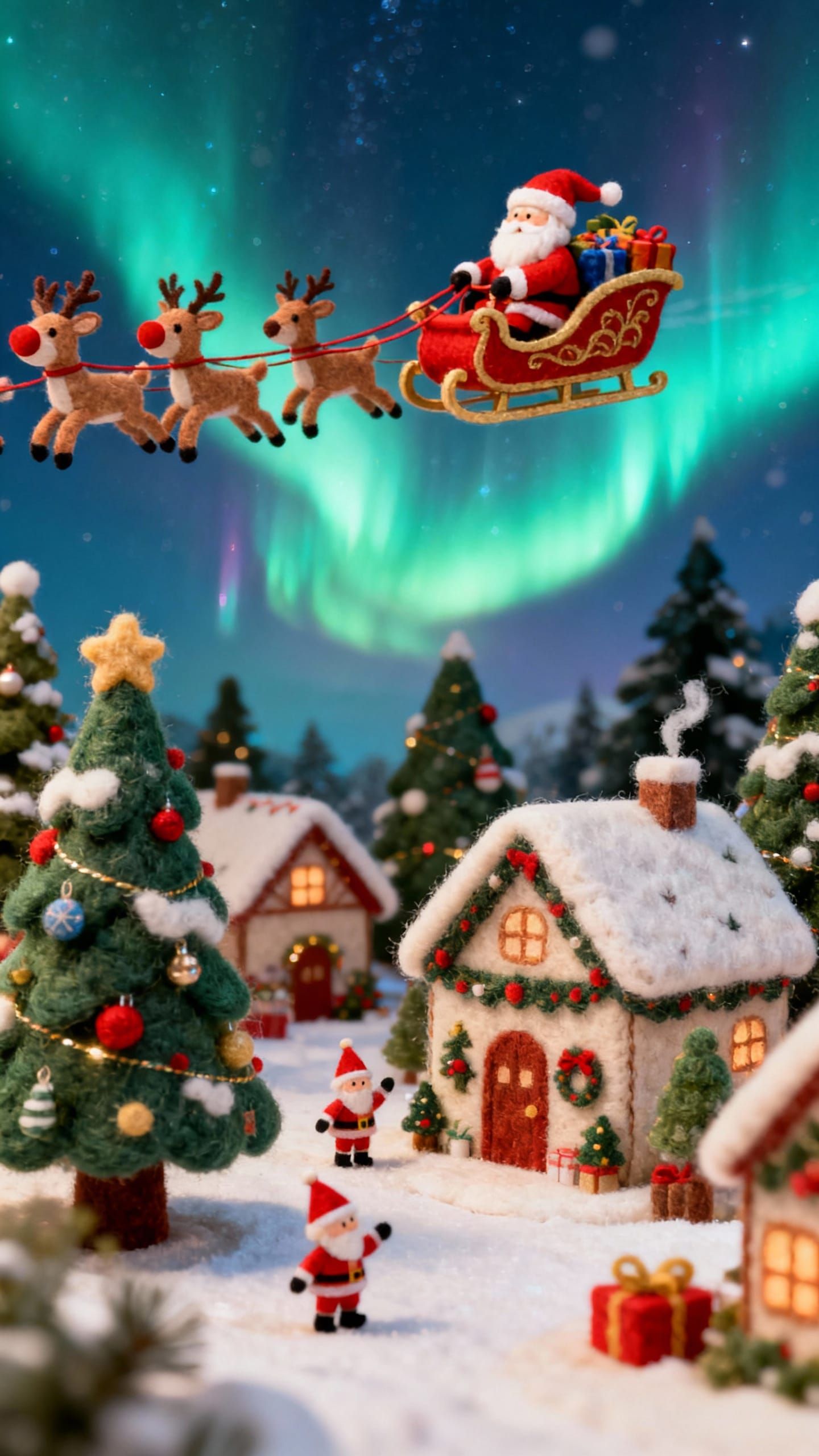 Miniature Felt Santa Village with Flying Reindeer