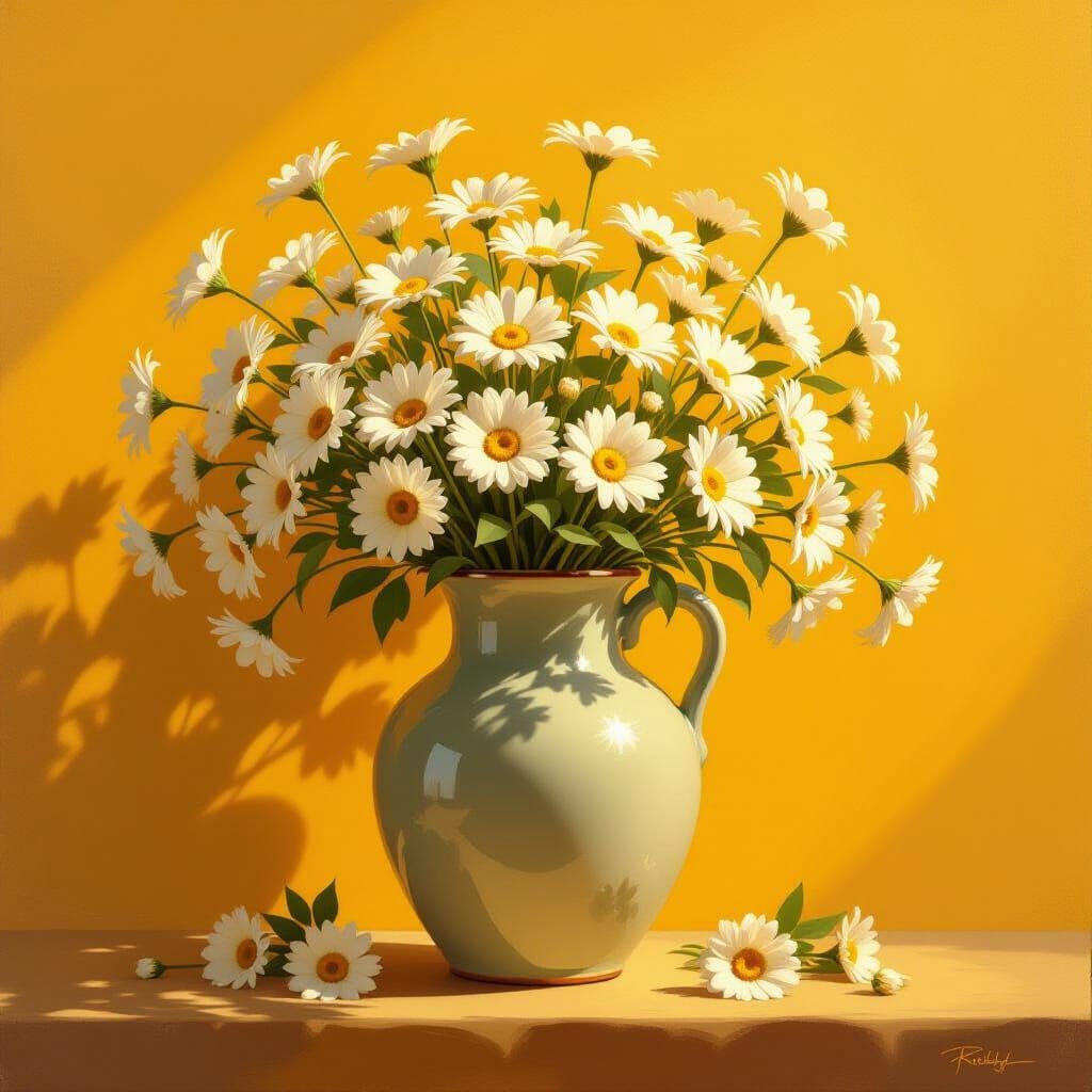 Exquisite Still Life: Daisies in Ceramic Vase