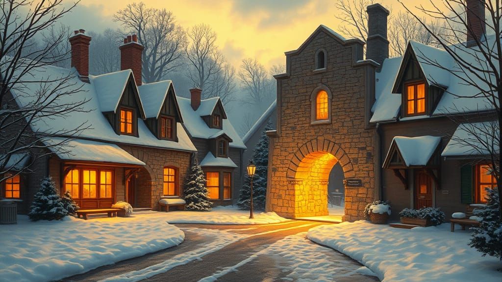 Enchanted Village Portal at Dusk: Neo-Impressionist Style