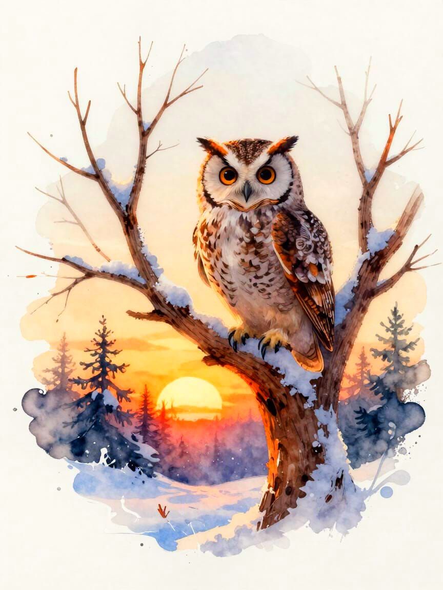 Stylized Watercolour Owl on Snowy Tree at Sunset