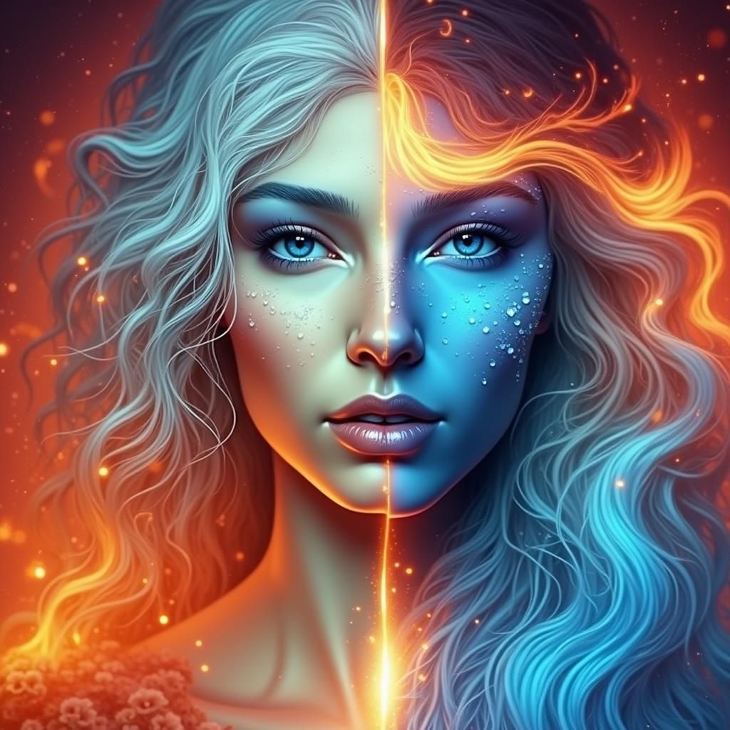 Icy Goddess with Flames in Hair, Hyperrealistic Art