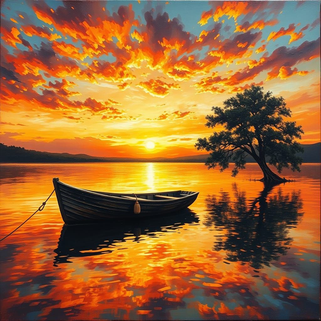 Textured Oil Painting of Serene Lakeside Sunset