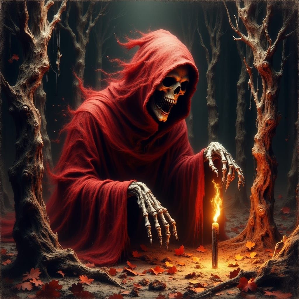 Skeletal Figure Lighting Match in Dark Woods