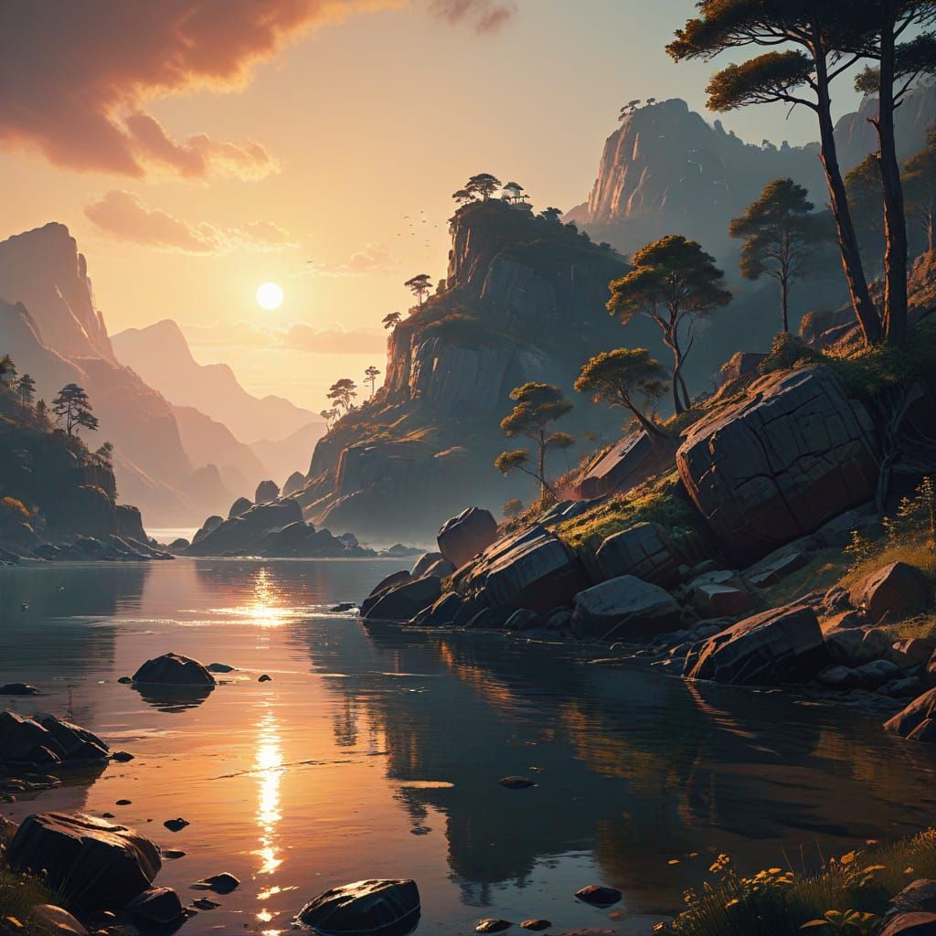 Surreal Sunset on a Tranquil Bay, in a Cyberpunk Oil Paintin...