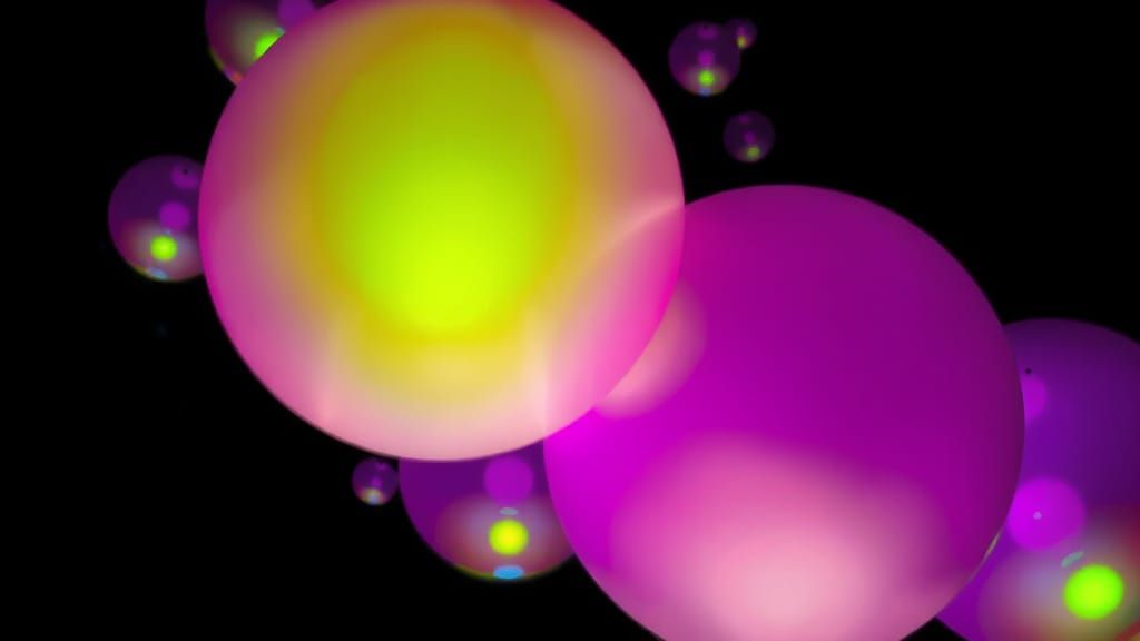 Giant lime green bubbles and giant purple bubbles floating a...