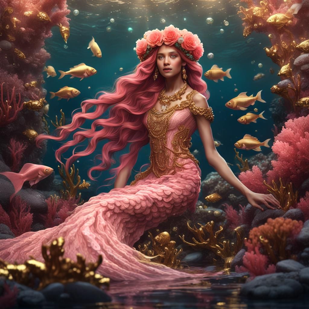 Pink Mermaid with Coral Dress and Golden Fish