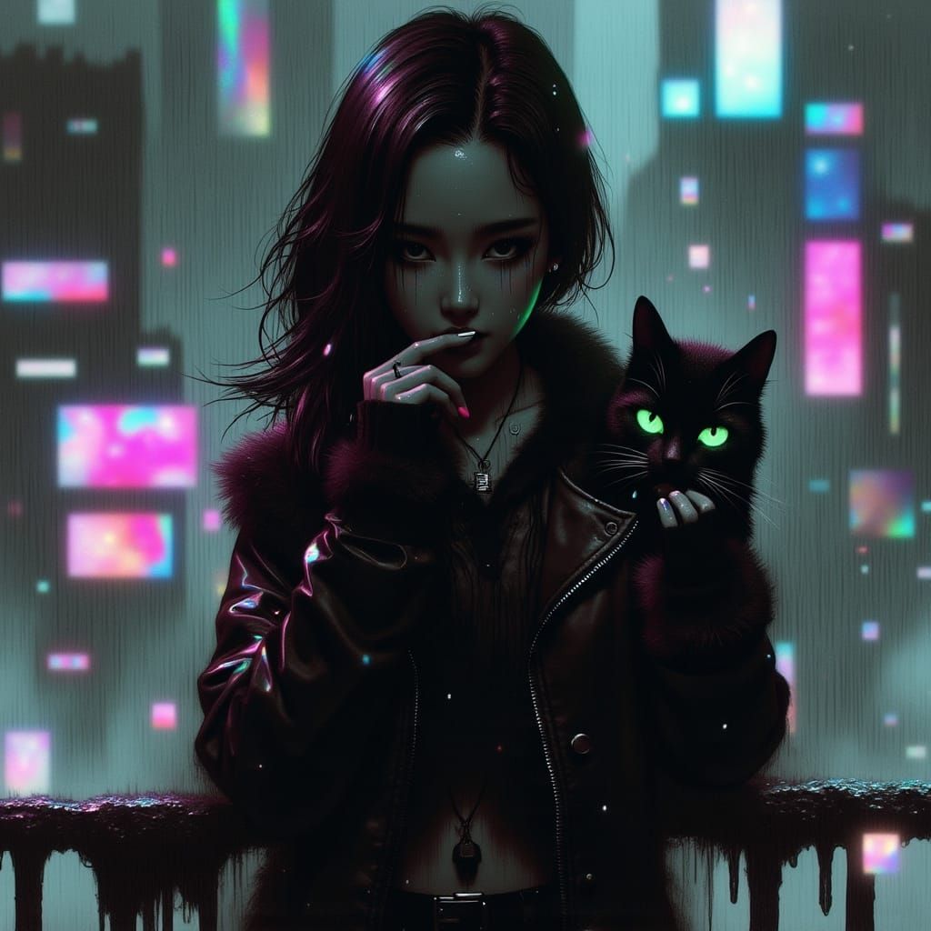 Cyberpunk Femme Fatale in Neon-Lit Cityscape