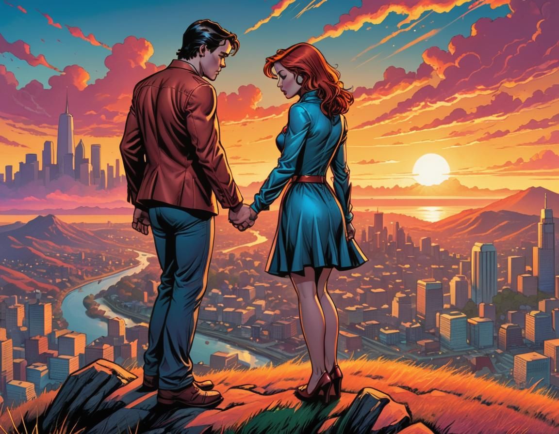 Romantic Couple's Hilltop Embrace in Comic Book Style